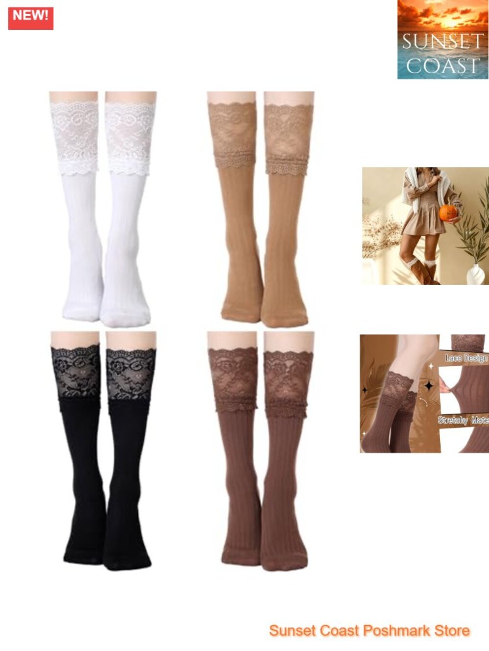 Fourluoo 4 Pairs Women's Knee High Lace Top Cotton Socks Calf Length
